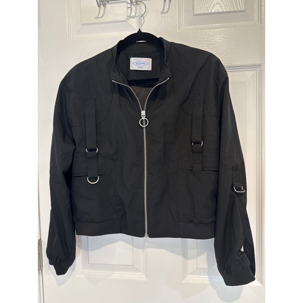Blue Mo Boutique Bomber Jacket Ring Zipper Accents Black Jacket